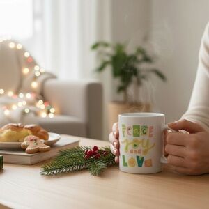 Handcrafted Peace Joy and Love Mug